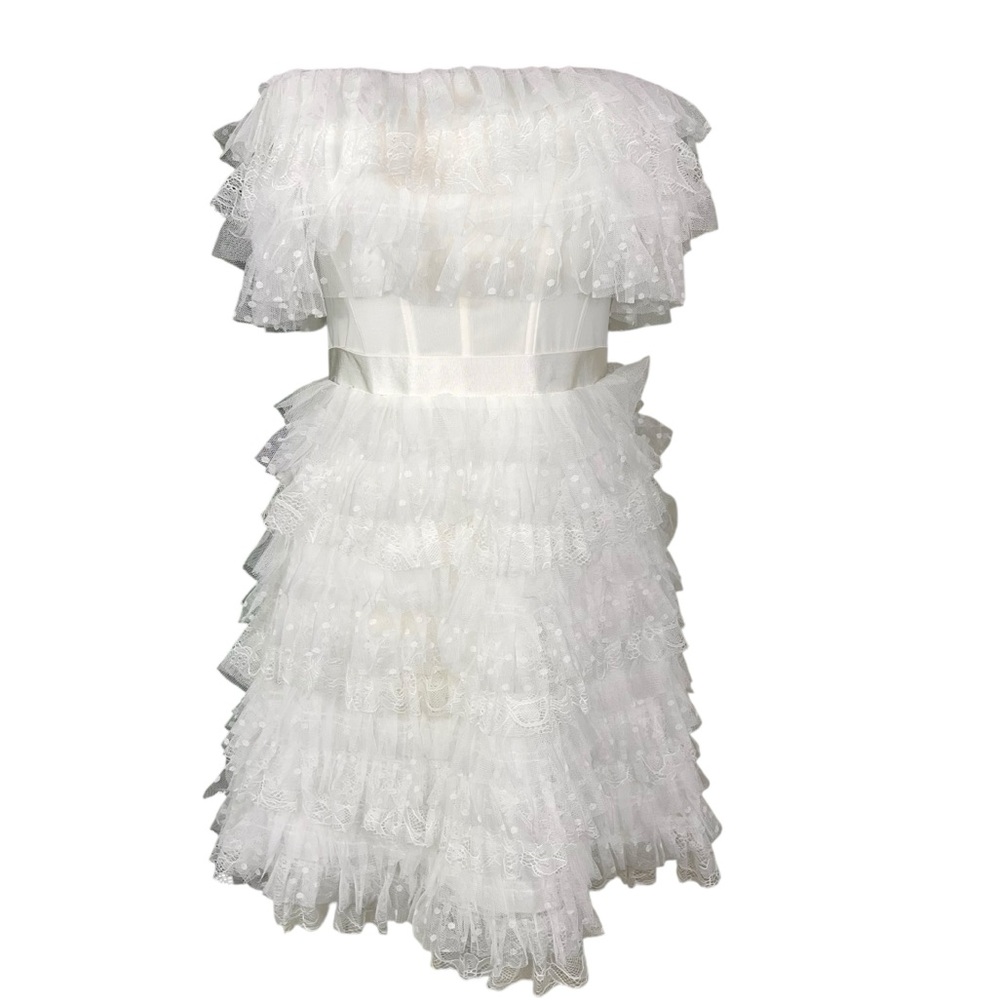 NEW BCBGMAXAZRIA Off White Strapless Corset Ruffle Tiered Mini Dress Size 12